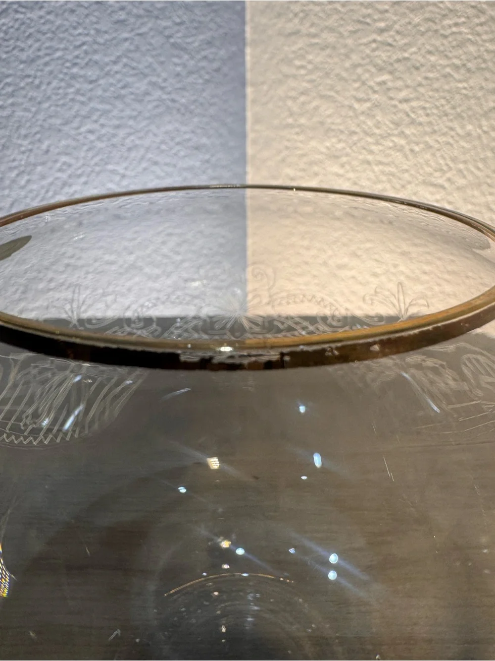 Vintage Bohemia Czech Crystal Hand Engraved Floral Rose Bowl Gold Rim 7”